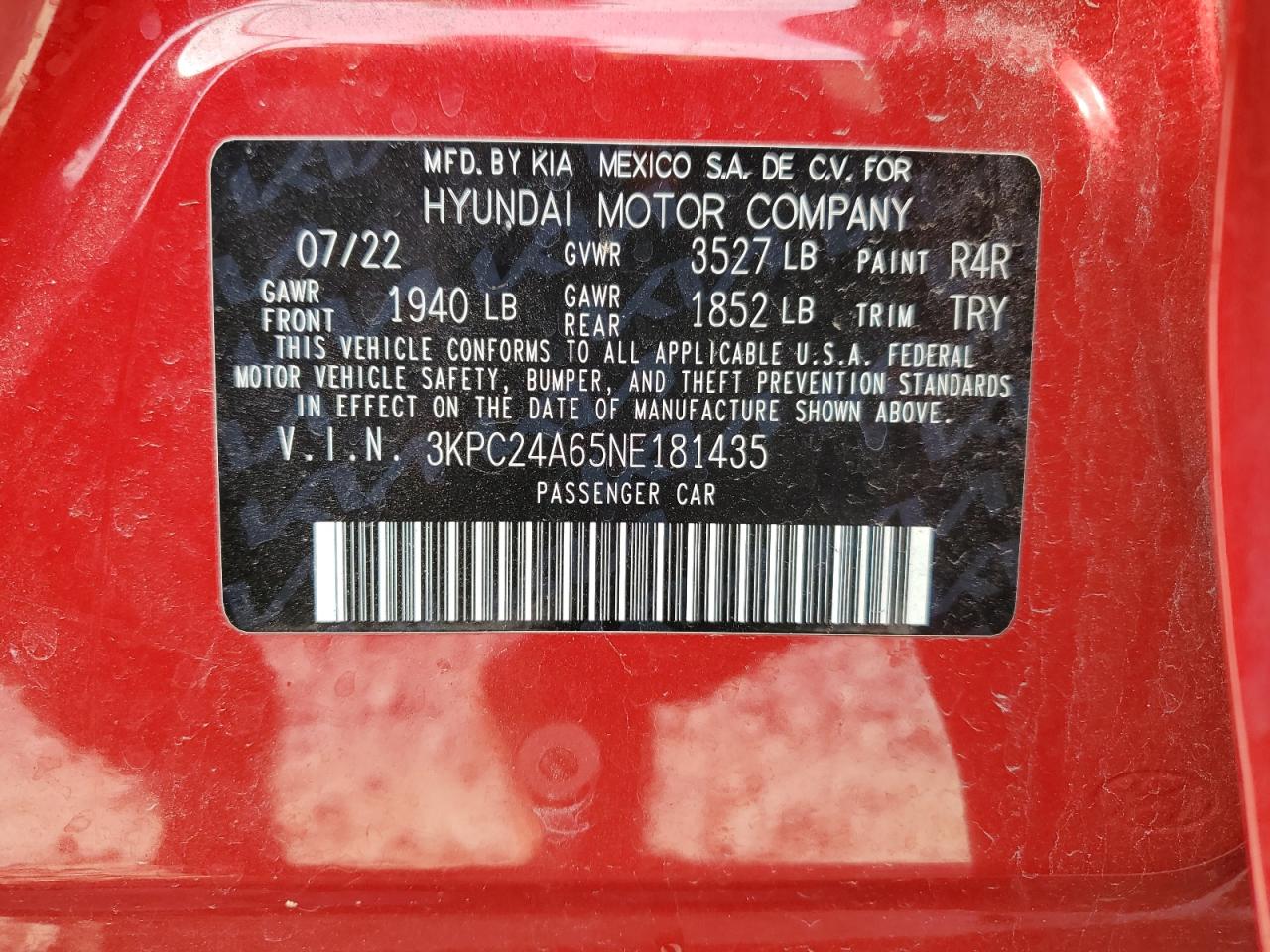 2022 HYUNDAI ACCENT SE VIN:3KPC24A65NE181435