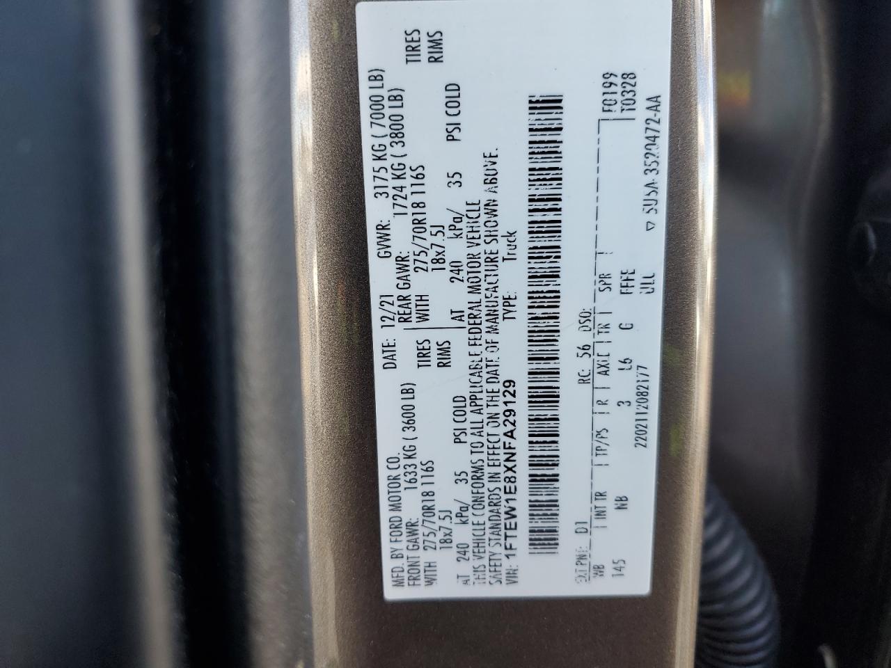 2022 FORD F150 SUPERCREW VIN:1FTEW1E8XNFA29129