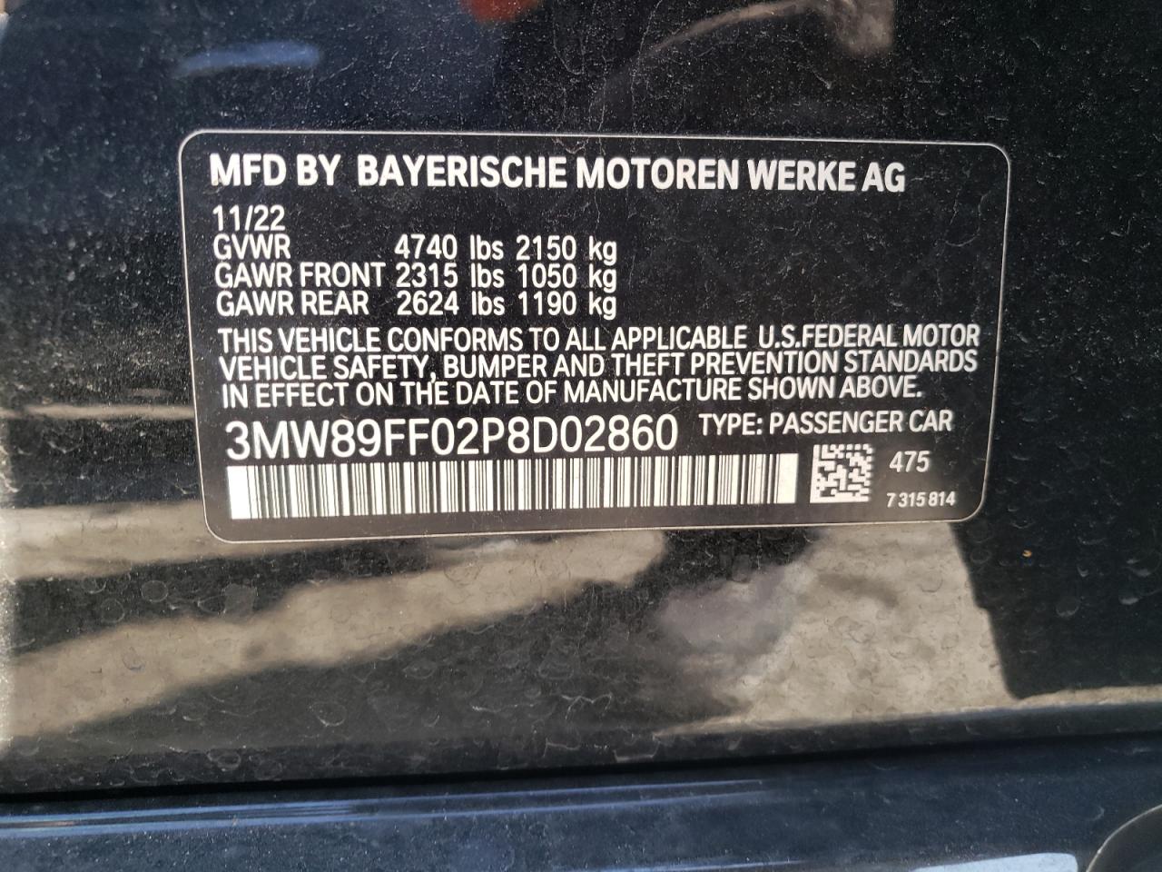 2023 BMW 330XI  VIN:3MW89FF02P8D02860