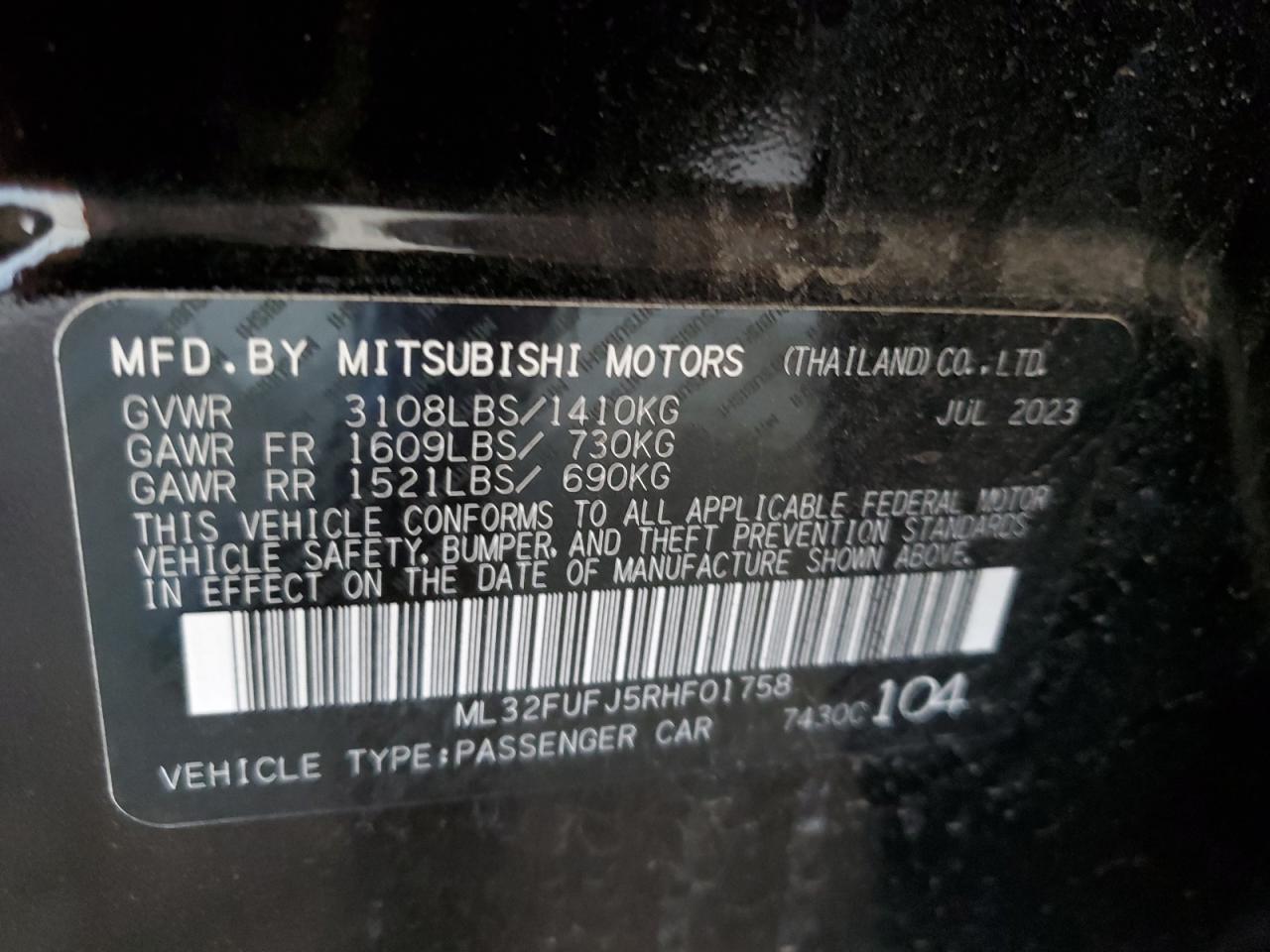 2024 MITSUBISHI MIRAGE G4 ES VIN:ML32FUFJ5RHF01758