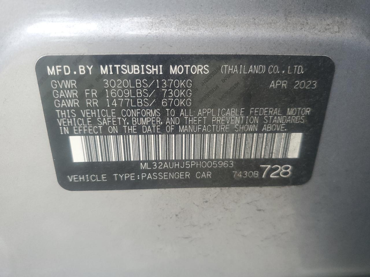 2023 MITSUBISHI MIRAGE ES VIN:ML32AUHJ5PH005963
