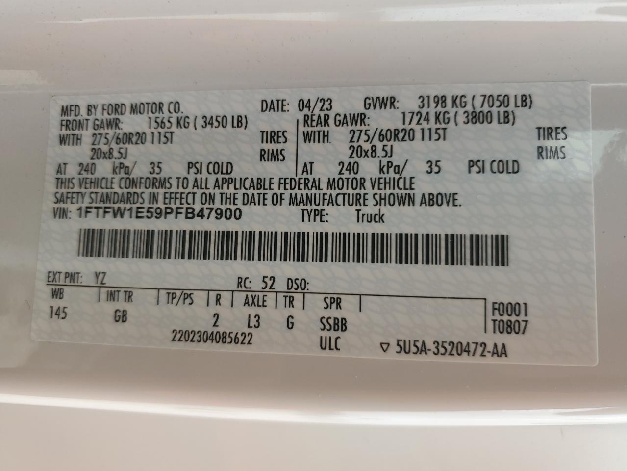 2023 FORD F150 SUPERCREW VIN:1FTFW1E59PFB47900