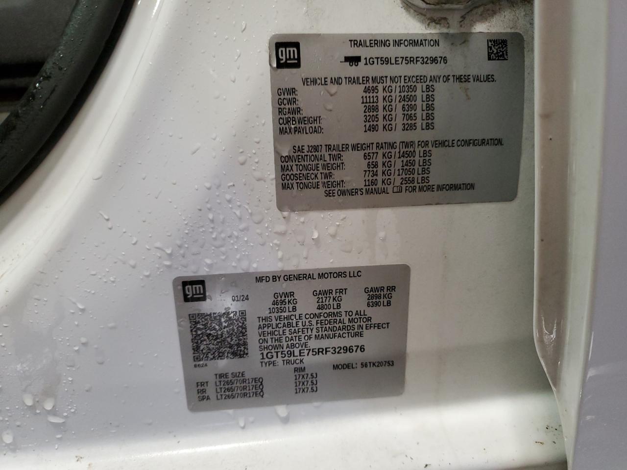 2024 GMC SIERRA K2500 HEAVY DUTY VIN:1GT59LE75RF329676