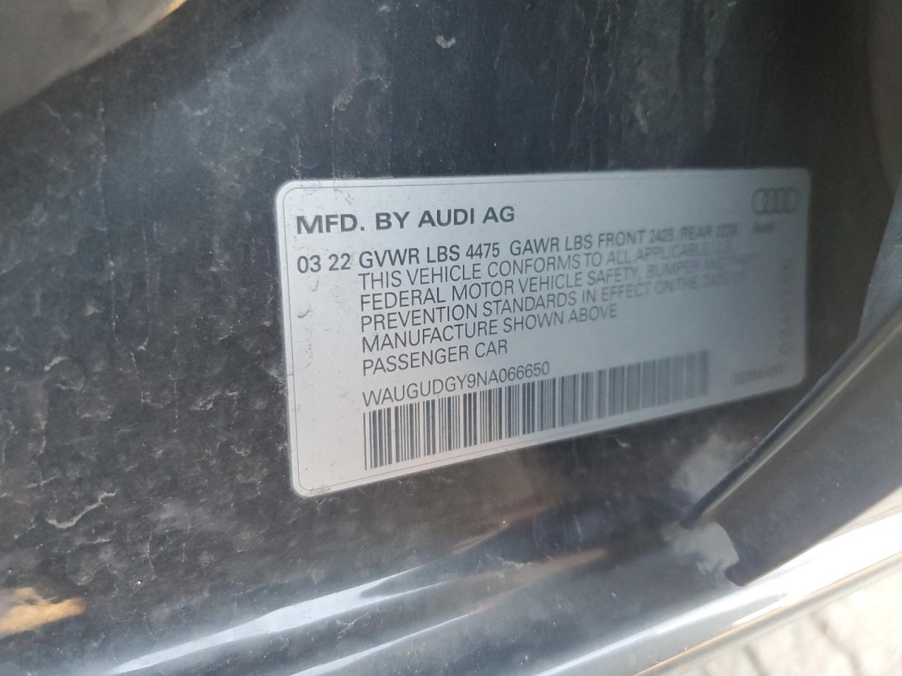 2022 AUDI A3 PREMIUM VIN:WAUGUDGY9NA066650