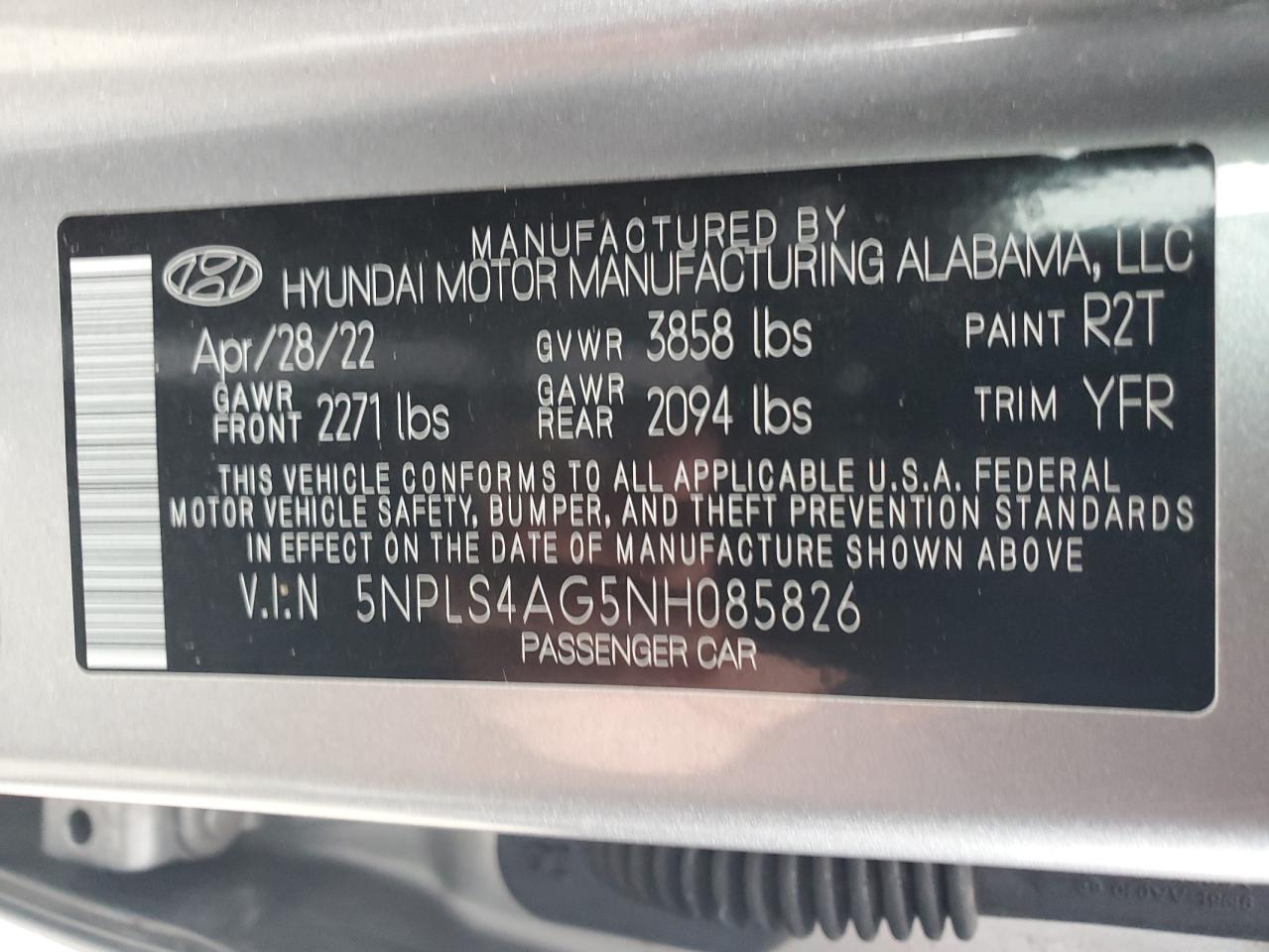 2022 HYUNDAI ELANTRA SEL VIN:5NPLS4AG5NH085826