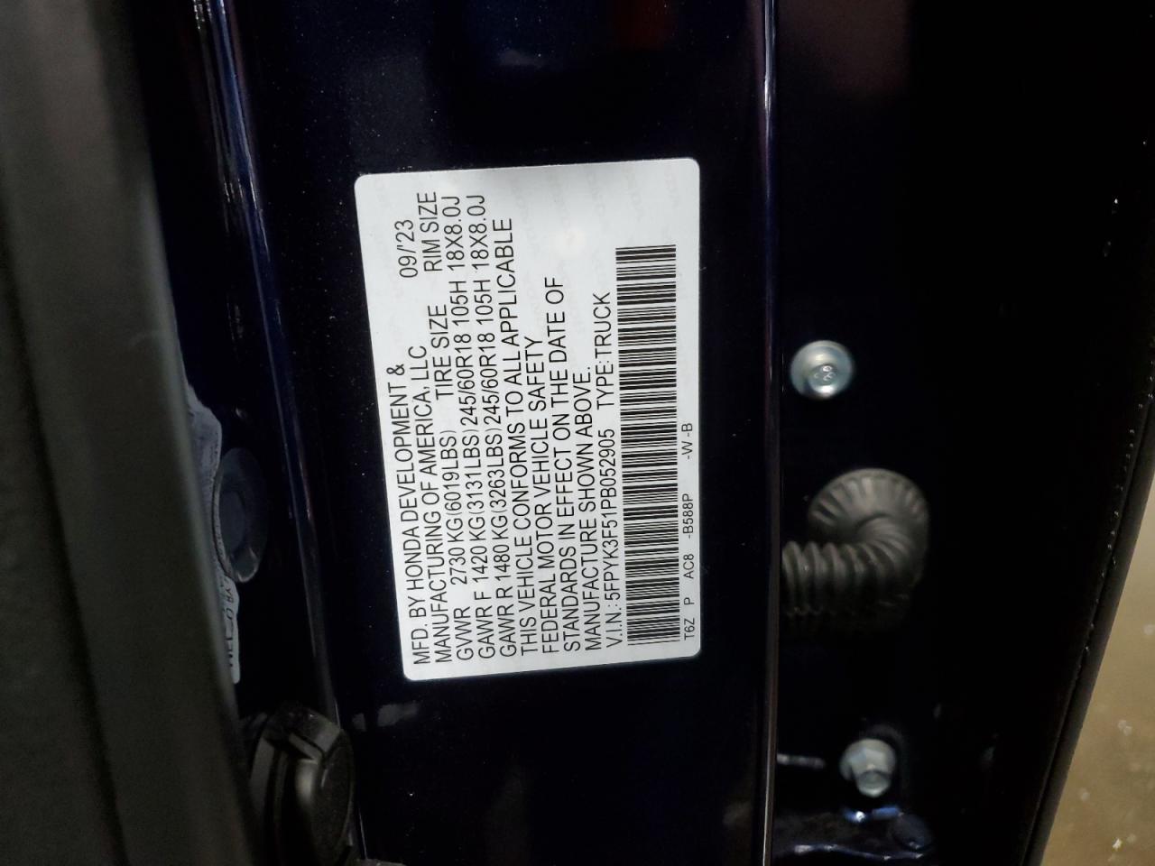 2023 HONDA RIDGELINE RTL VIN:5FPYK3F51PB052905