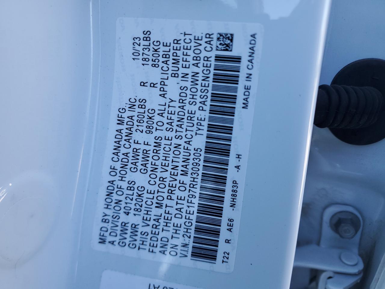 2024 HONDA CIVIC TOURING VIN:2HGFE1F97RH309305