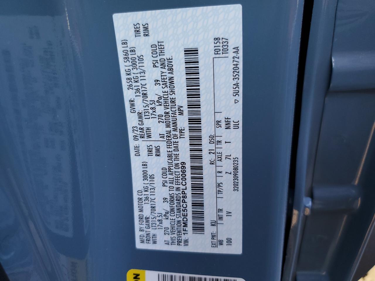2023 FORD BRONCO BASE VIN:1FMDE5CP8PLC00699