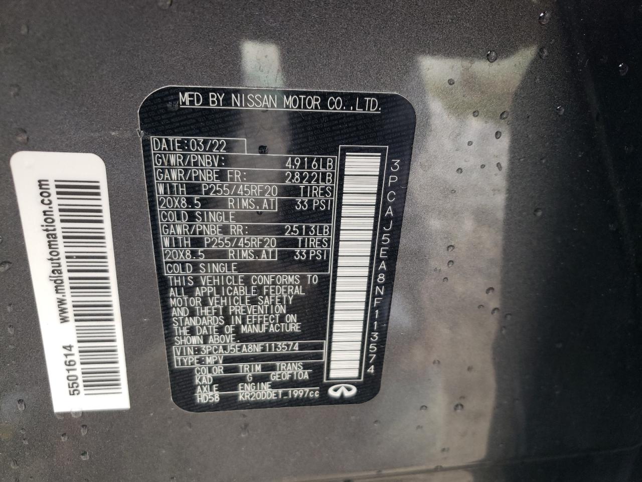 2022 INFINITI QX50 SENSORY VIN:3PCAJ5EA8NF113574