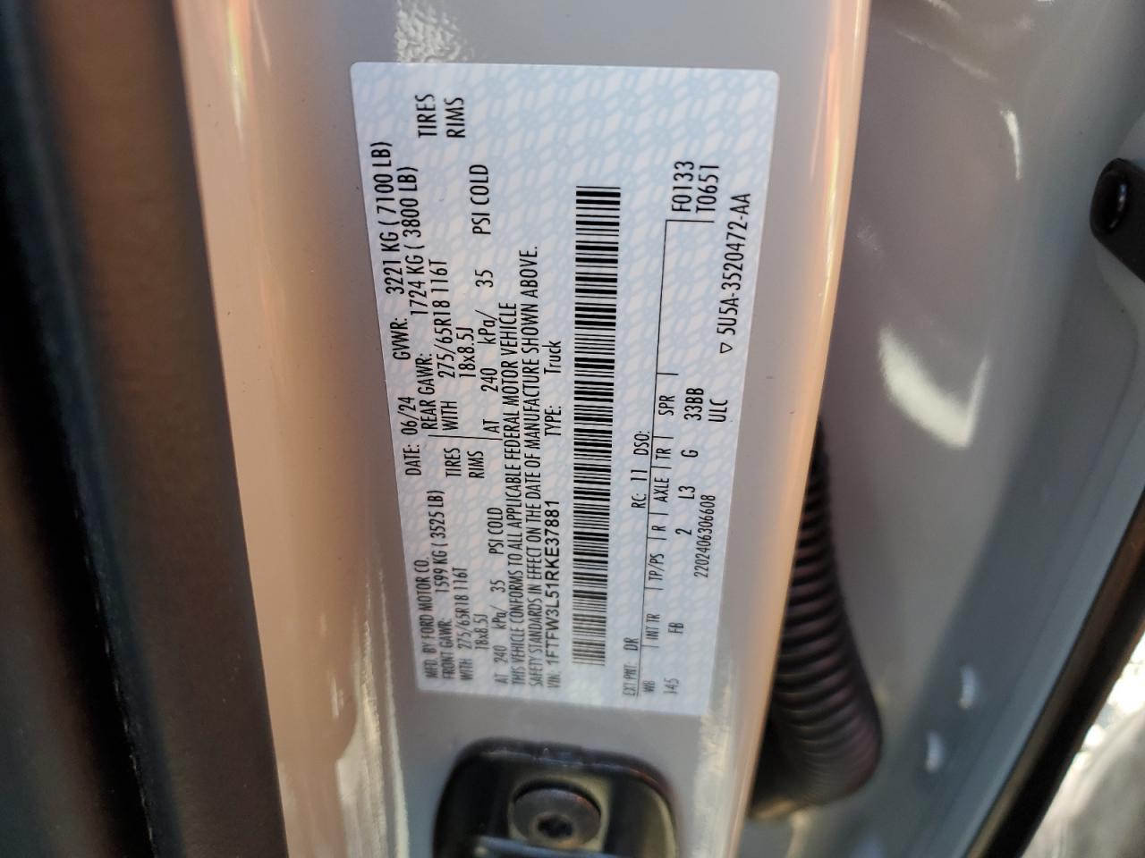 2024 FORD F150 XLT VIN:1FTFW3L51RKE37881