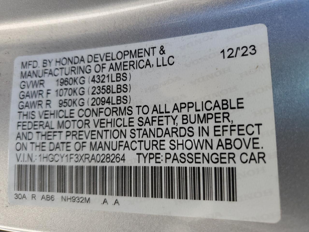 2024 HONDA ACCORD EX VIN:1HGCY1F3XRA028264