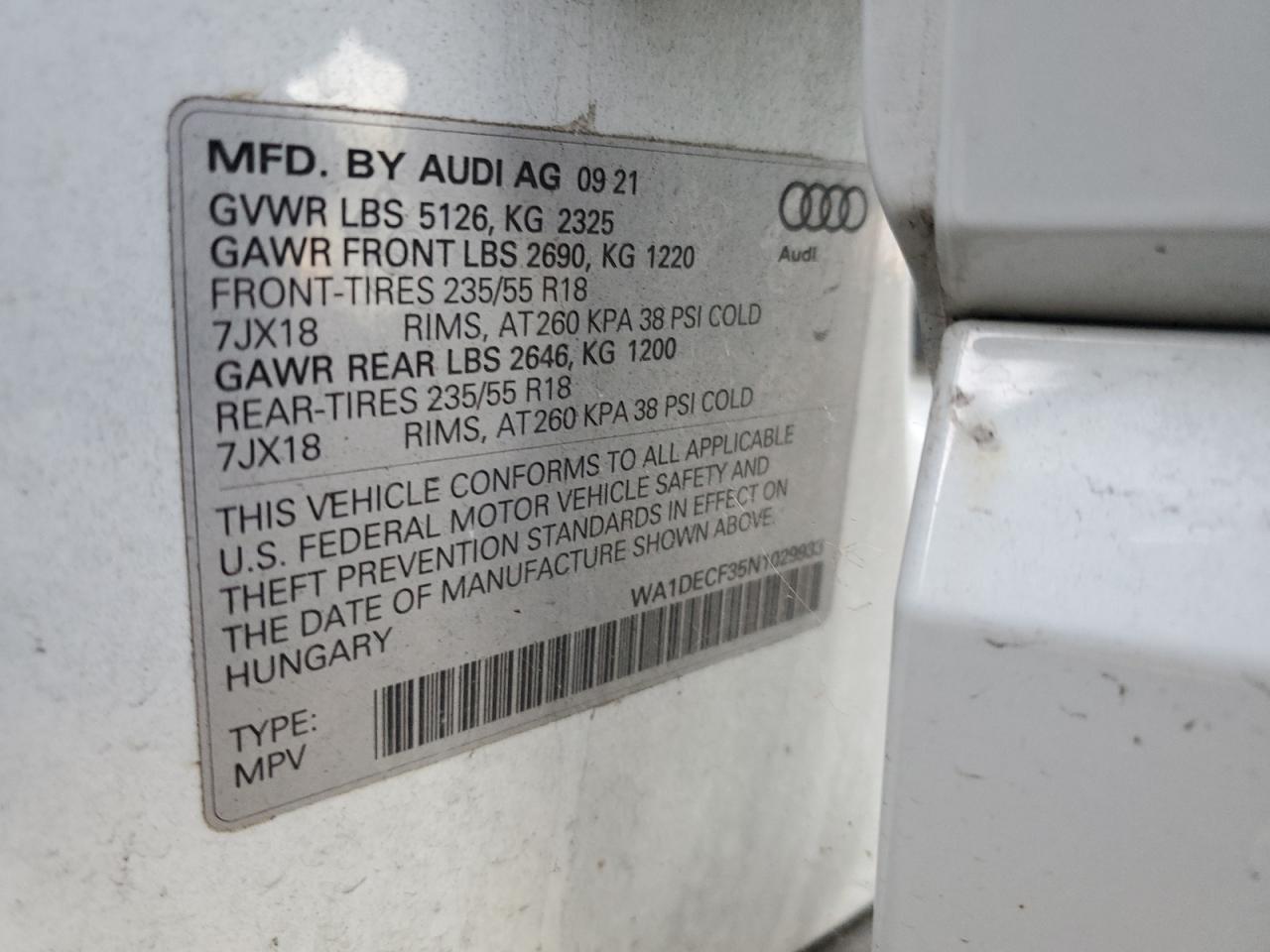 2022 AUDI Q3 PREMIUM S LINE 45 VIN:WA1DECF35N1029933