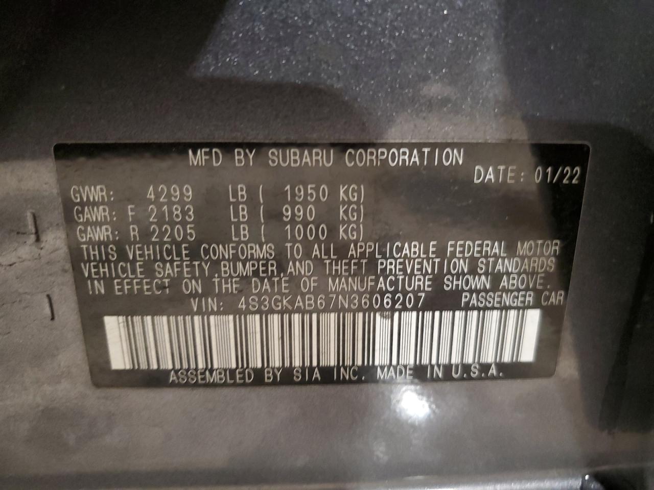 2022 SUBARU IMPREZA  VIN:4S3GKAB67N3606207