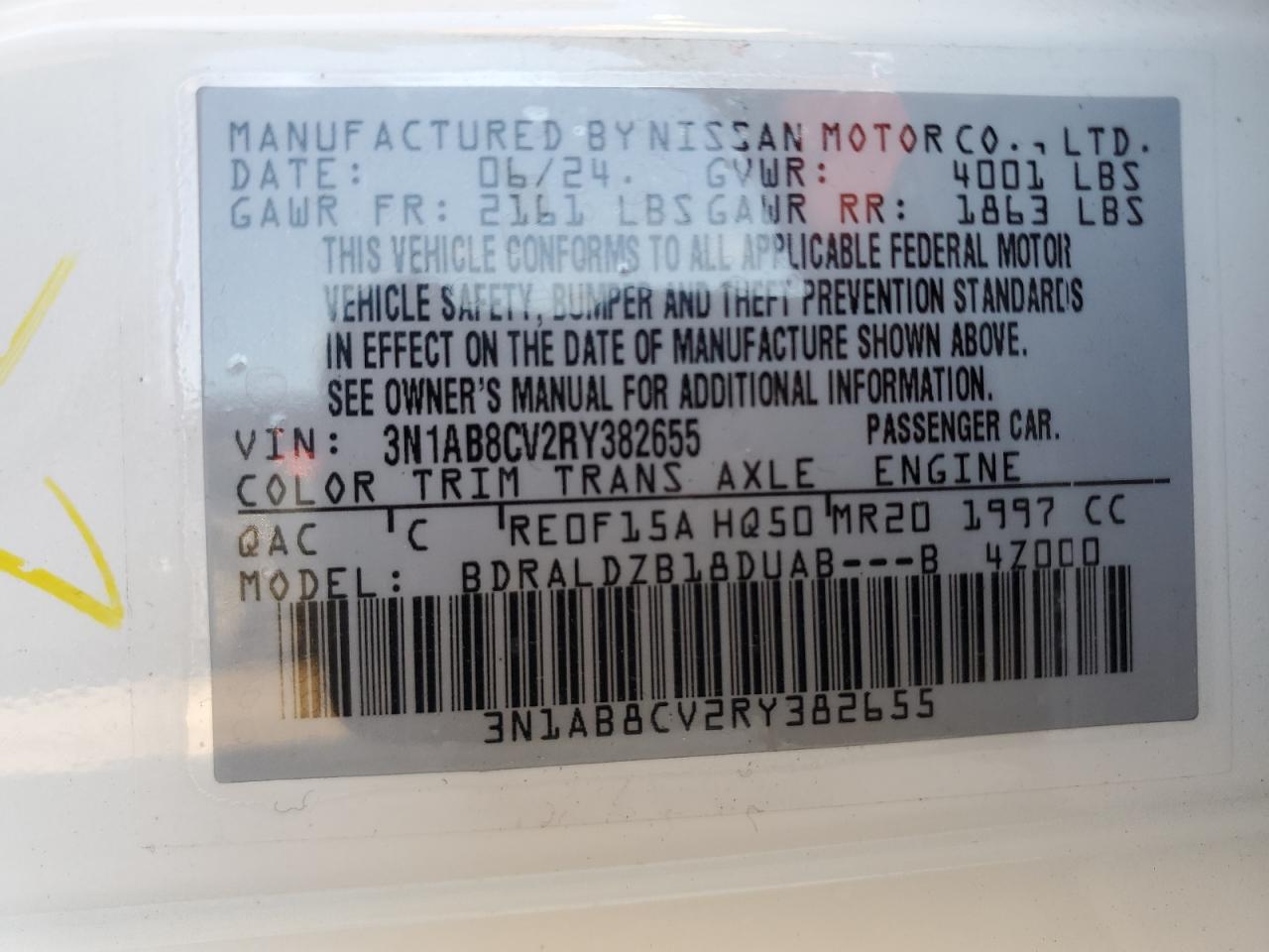 2024 NISSAN SENTRA SV VIN:3N1AB8CV2RY382655