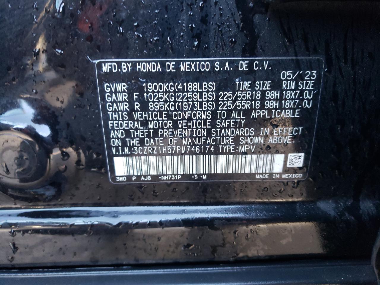 2023 HONDA HR-V SPORT VIN:3CZRZ1H57PM746174