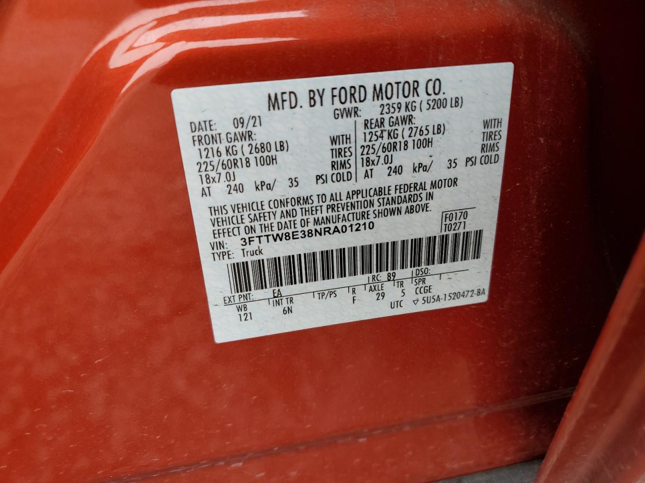 2022 FORD MAVERICK XL VIN:3FTTW8E38NRA01210