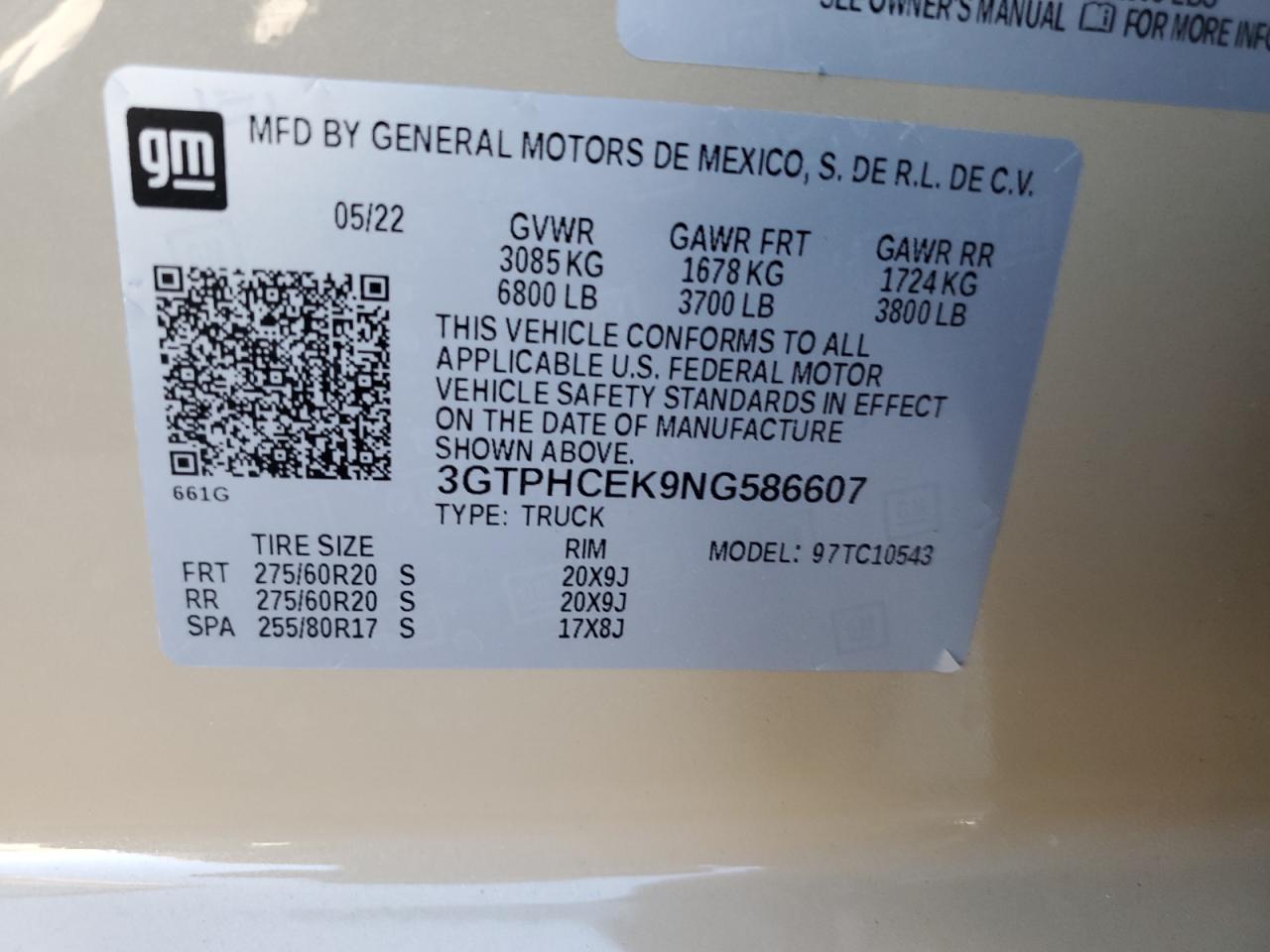 2022 GMC SIERRA C1500 ELEVATION VIN:3GTPHCEK9NG586607