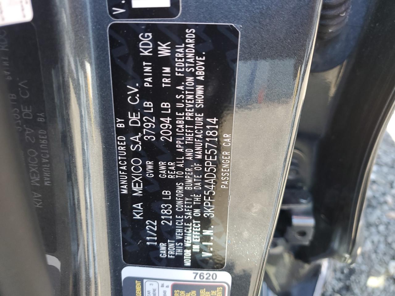 2023 KIA FORTE GT LINE VIN:3KPF54AD5PE571814