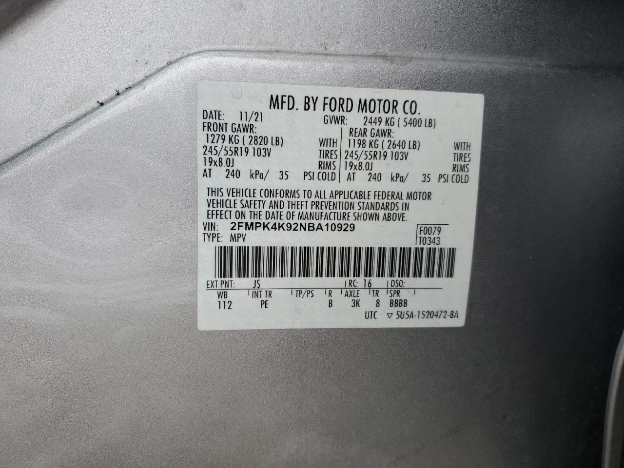 2022 FORD EDGE TITANIUM VIN:2FMPK4K92NBA10929