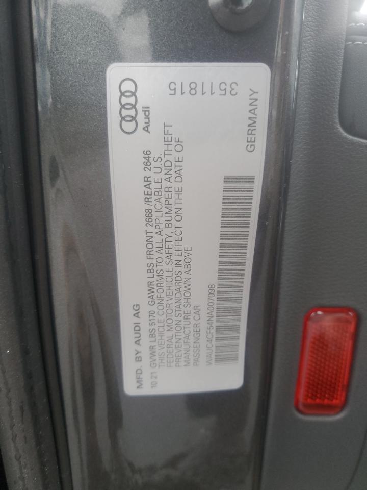 2022 AUDI S5 PREMIUM PLUS VIN:WAUC4CF54NA007098