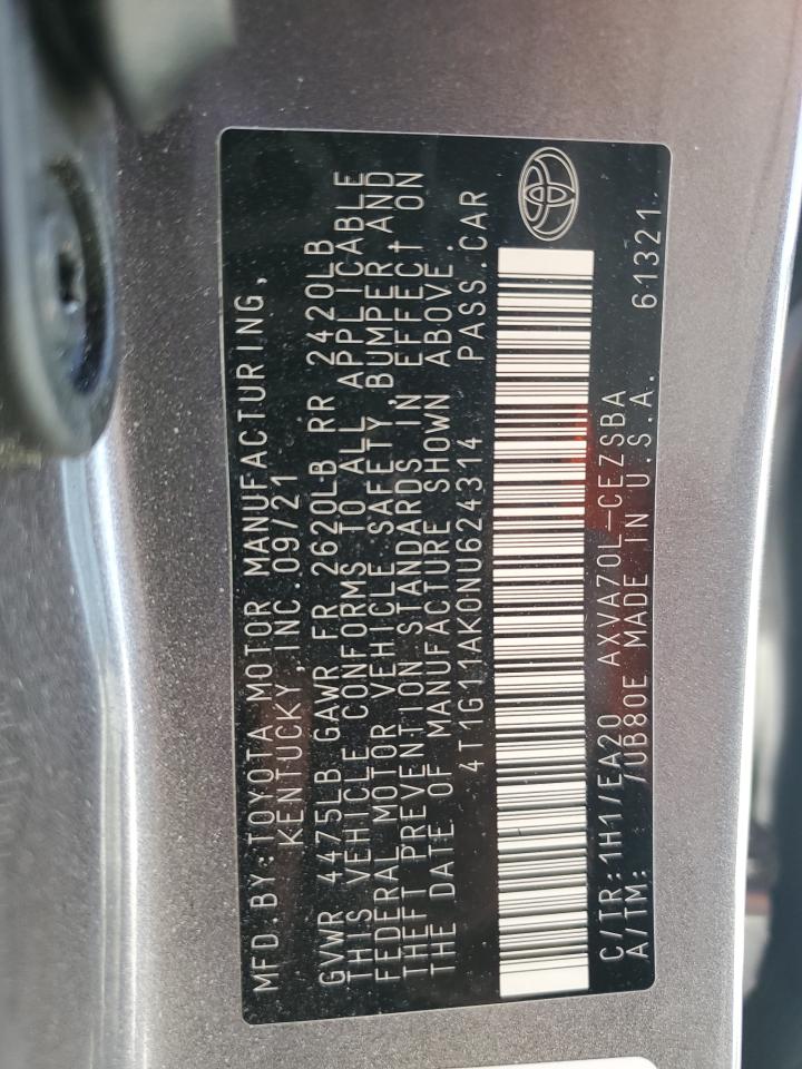 2022 TOYOTA CAMRY SE VIN:4T1G11AK0NU624314