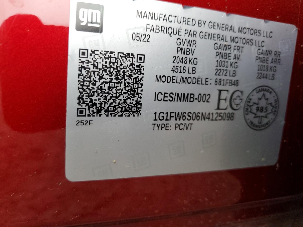 2022 CHEVROLET BOLT EV 1LT VIN:1G1FW6S06N4125098