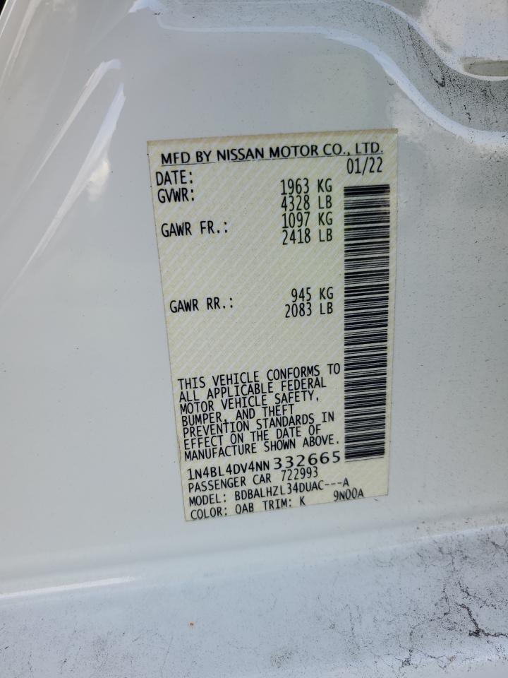 2022 NISSAN ALTIMA SV VIN:1N4BL4DV4NN332665