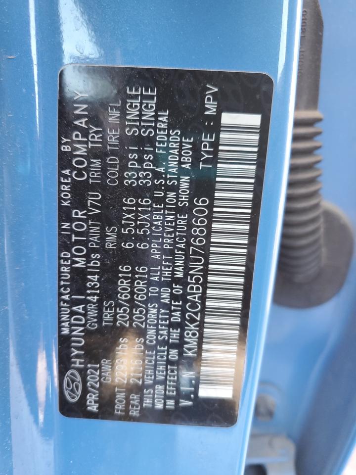 2022 HYUNDAI KONA SEL VIN:KM8K2CAB5NU768606