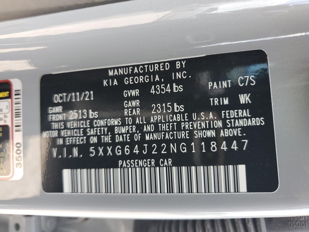 2022 KIA K5 GT LINE VIN:5XXG64J22NG118447