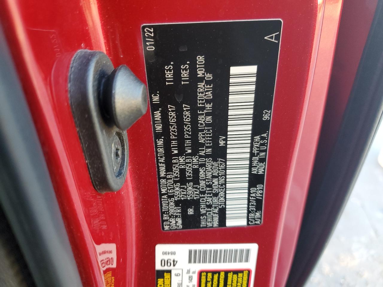 2022 TOYOTA SIENNA LE VIN:5TDKRKEC1NS101677