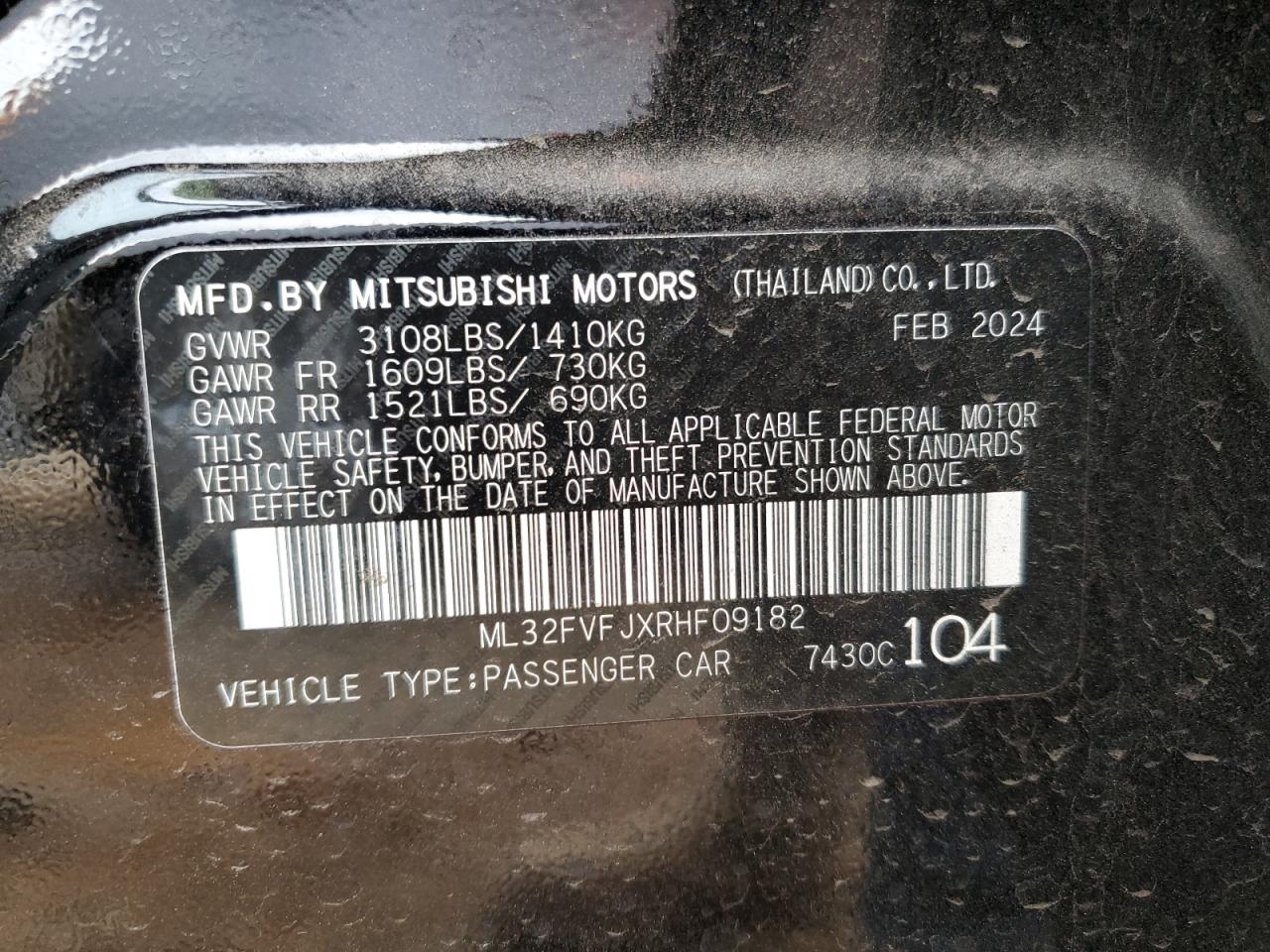 2024 MITSUBISHI MIRAGE G4 SE VIN:ML32FVFJXRHF09182