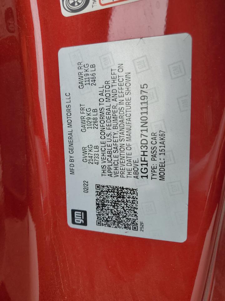 2022 CHEVROLET CAMARO SS VIN:1G1FH3D71N0111975