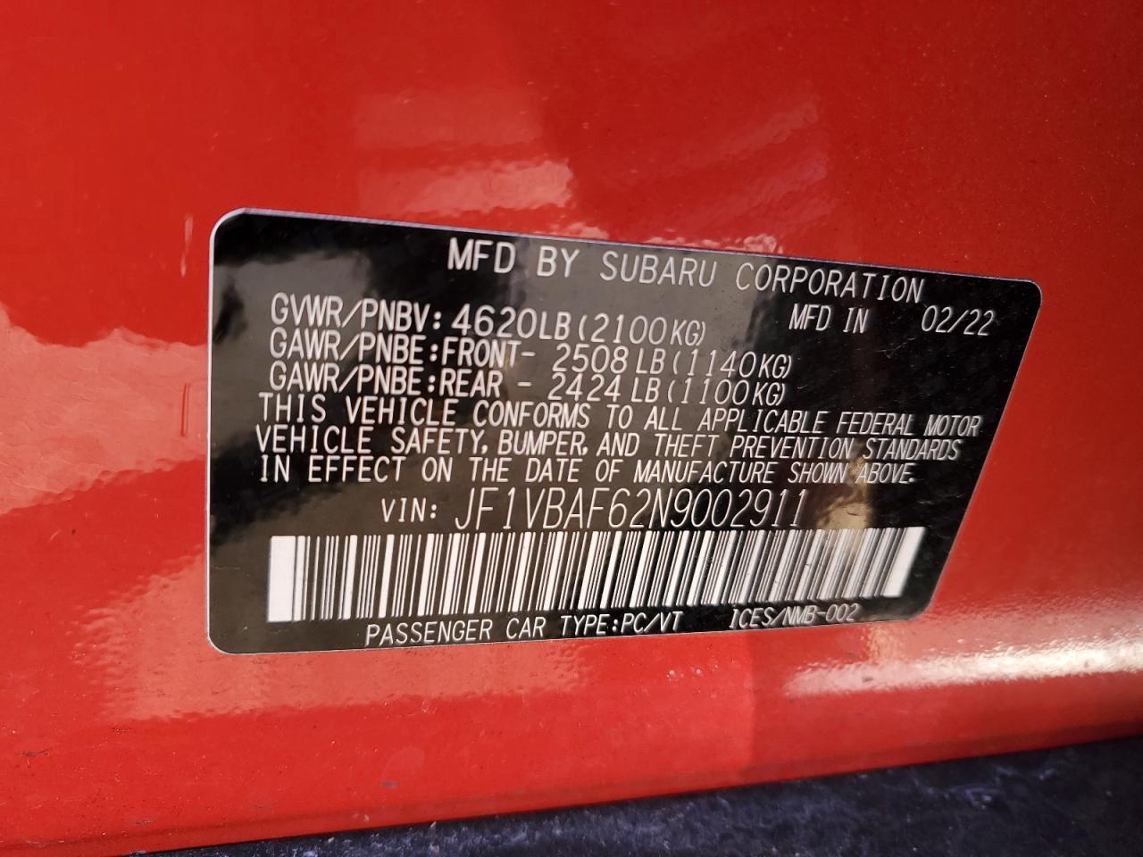 2022 SUBARU WRX PREMIUM VIN:JF1VBAF62N9002911