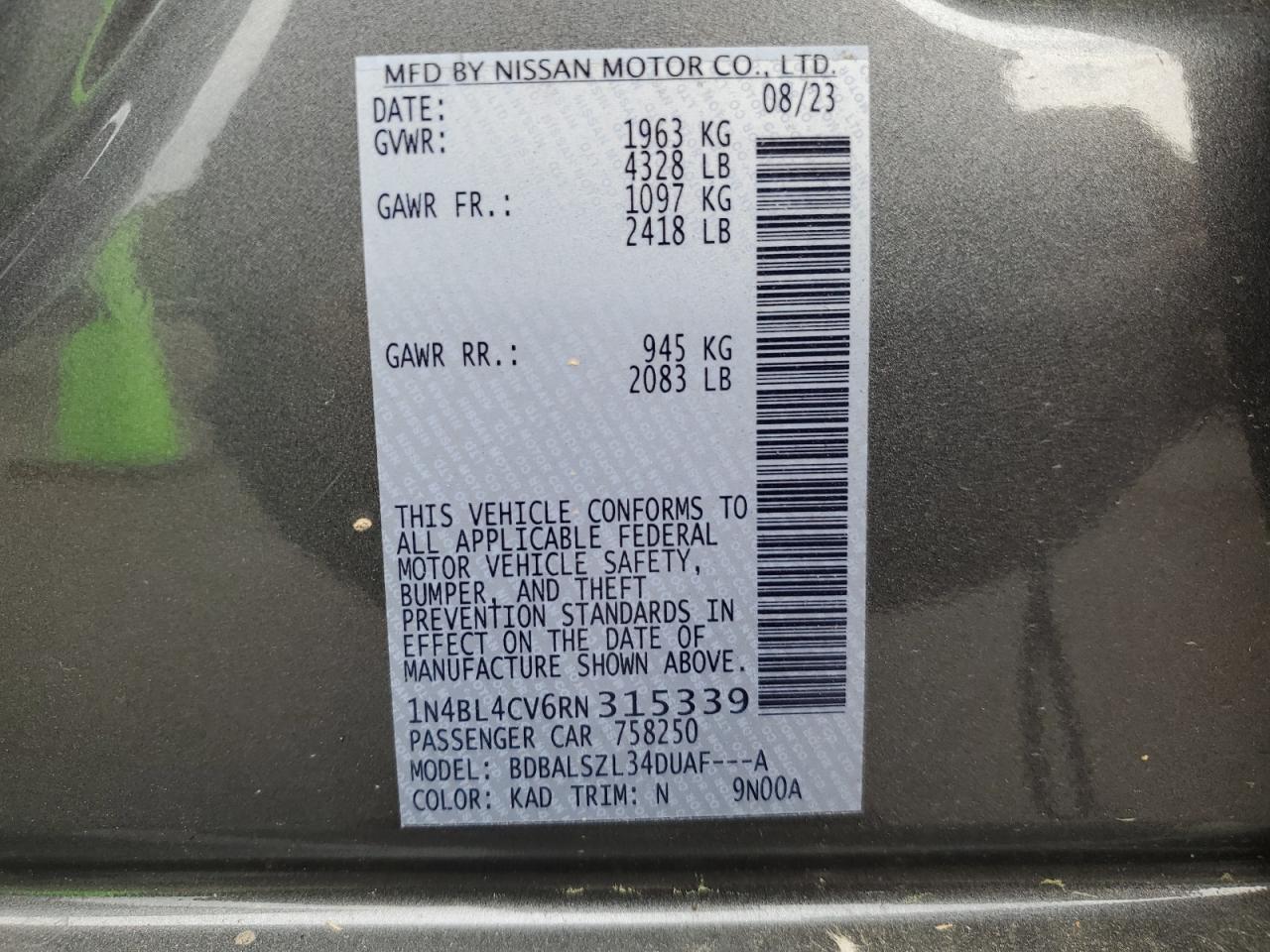 2024 NISSAN ALTIMA SR VIN:1N4BL4CV6RN315339