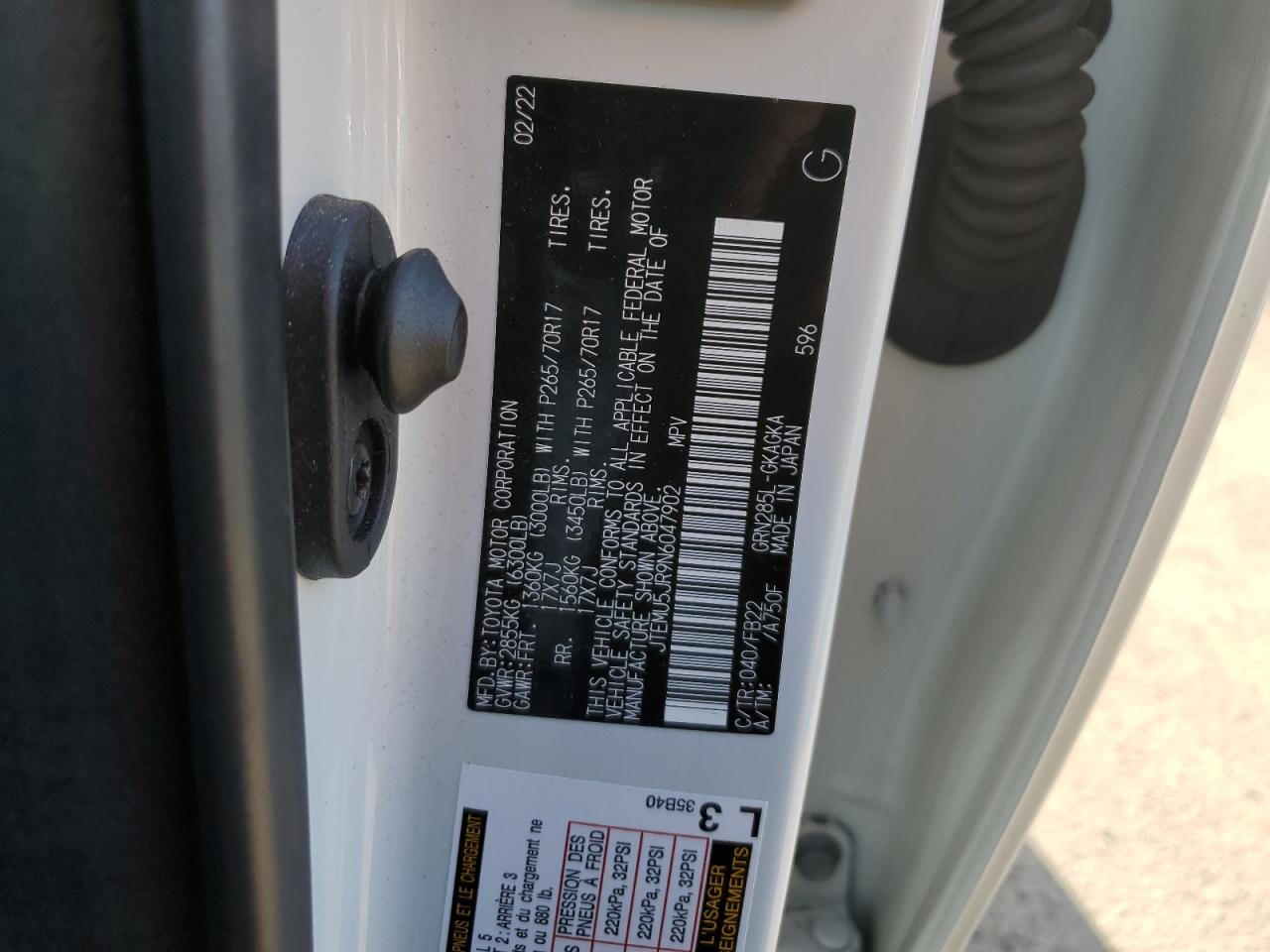 2022 TOYOTA 4RUNNER SR5/SR5 PREMIUM VIN:JTEMU5JR9N6047902