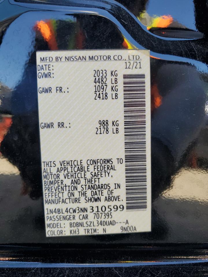 2022 NISSAN ALTIMA SR VIN:1N4BL4CW3NN310599