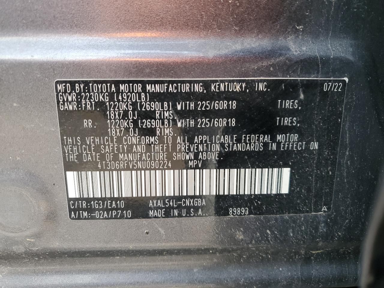 2022 TOYOTA RAV4 LIMITED VIN:4T3D6RFV5NU090224