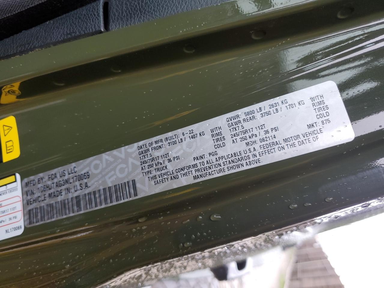 2022 JEEP GLADIATOR SPORT VIN:1C6HJTAG3NL170069