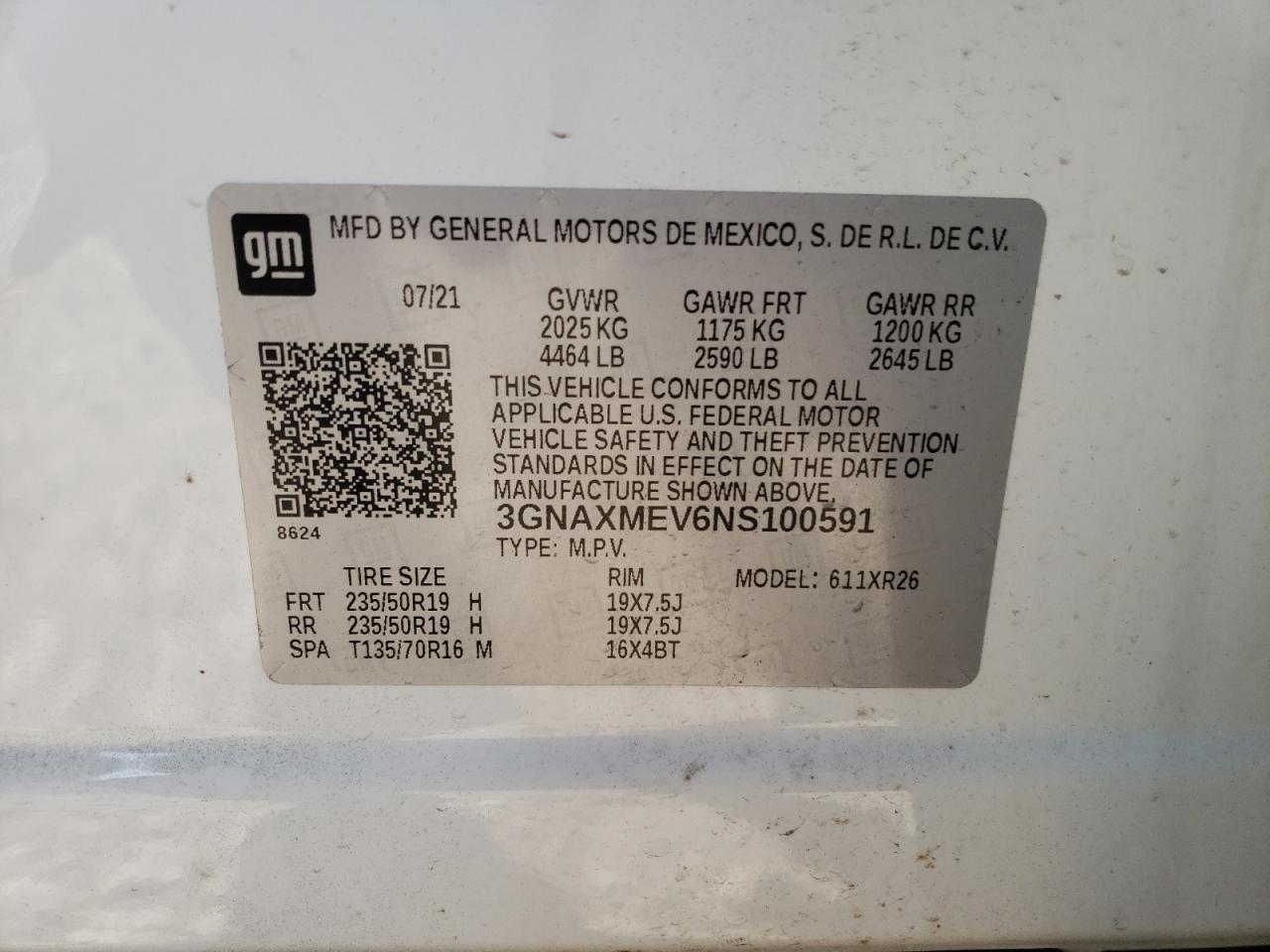 2022 CHEVROLET EQUINOX RS VIN:3GNAXMEV6NS100591