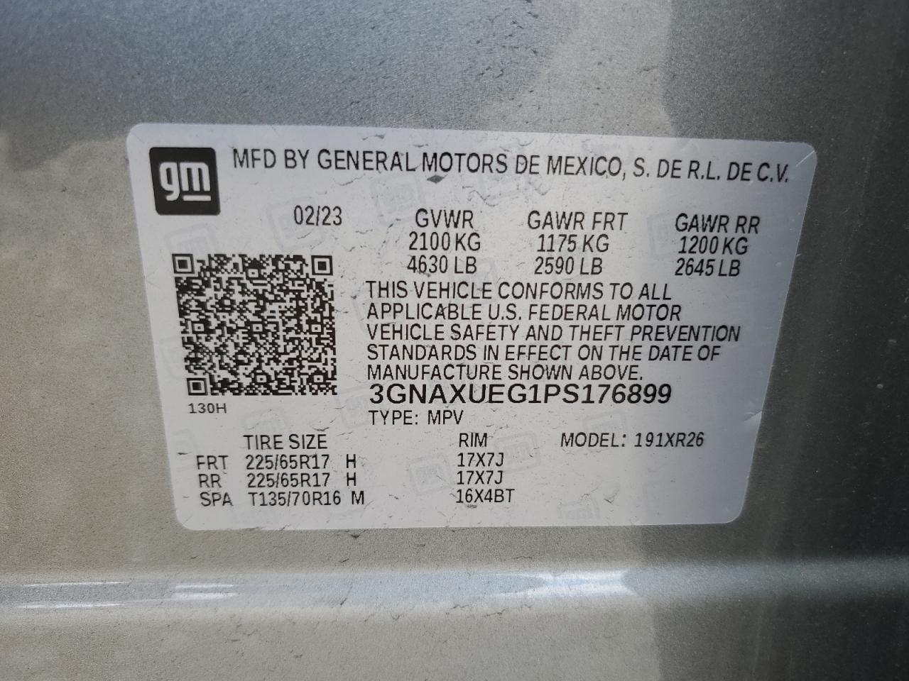 2023 CHEVROLET EQUINOX LT VIN:3GNAXUEG1PS176899