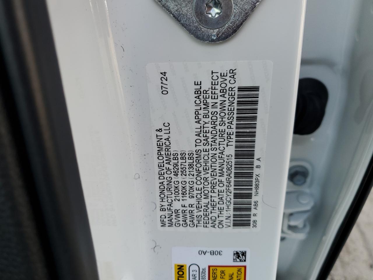 2024 HONDA ACCORD HYBRID EXL VIN:1HGCY2F64RA082515