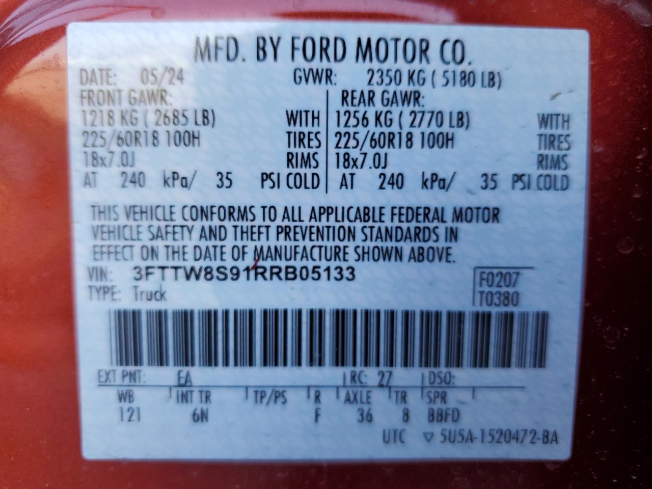 2024 FORD MAVERICK LARIAT VIN:3FTTW8S91RRB05133