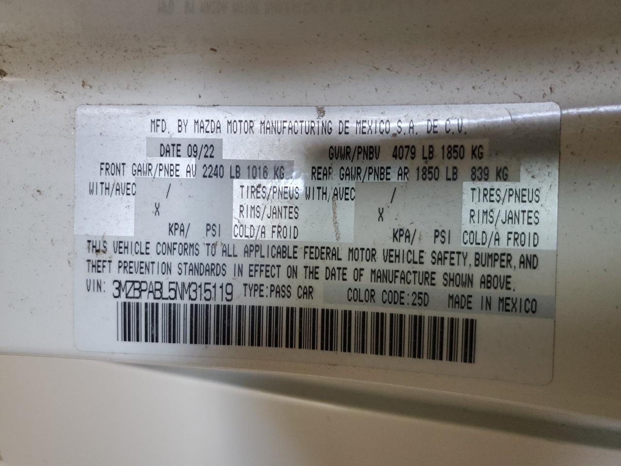 2022 MAZDA 3 SELECT VIN:3MZBPABL5NM315119