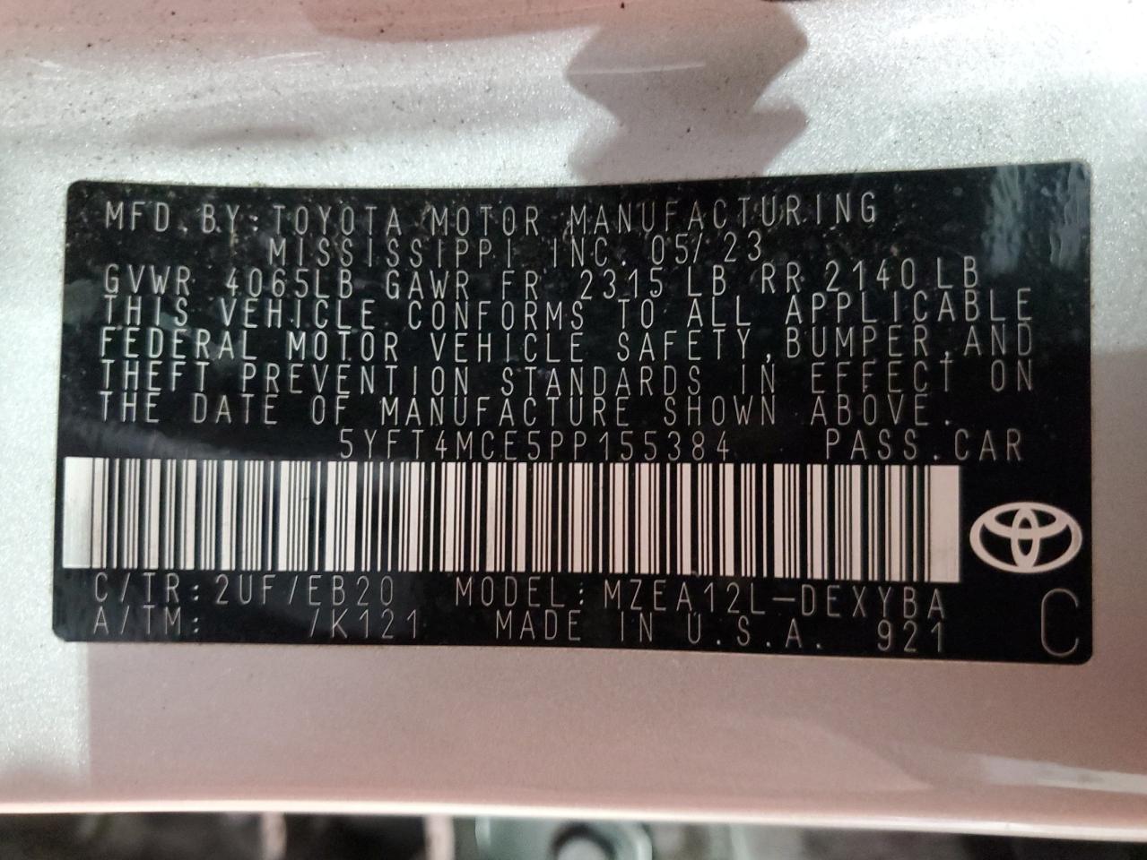 2023 TOYOTA COROLLA XSE VIN:5YFT4MCE5PP155384