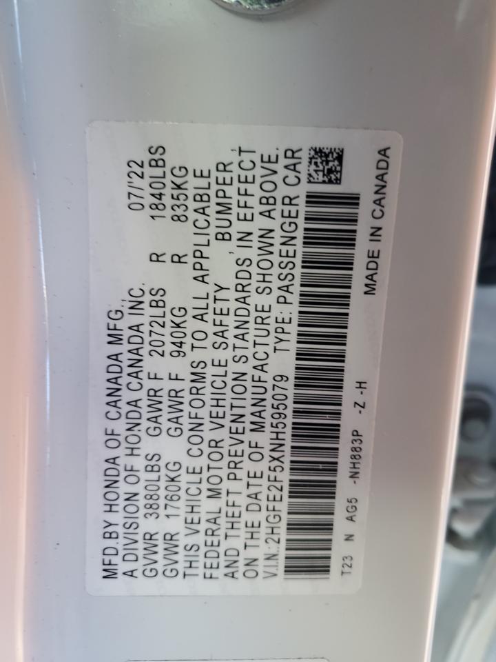 2022 HONDA CIVIC SPORT VIN:2HGFE2F5XNH595079