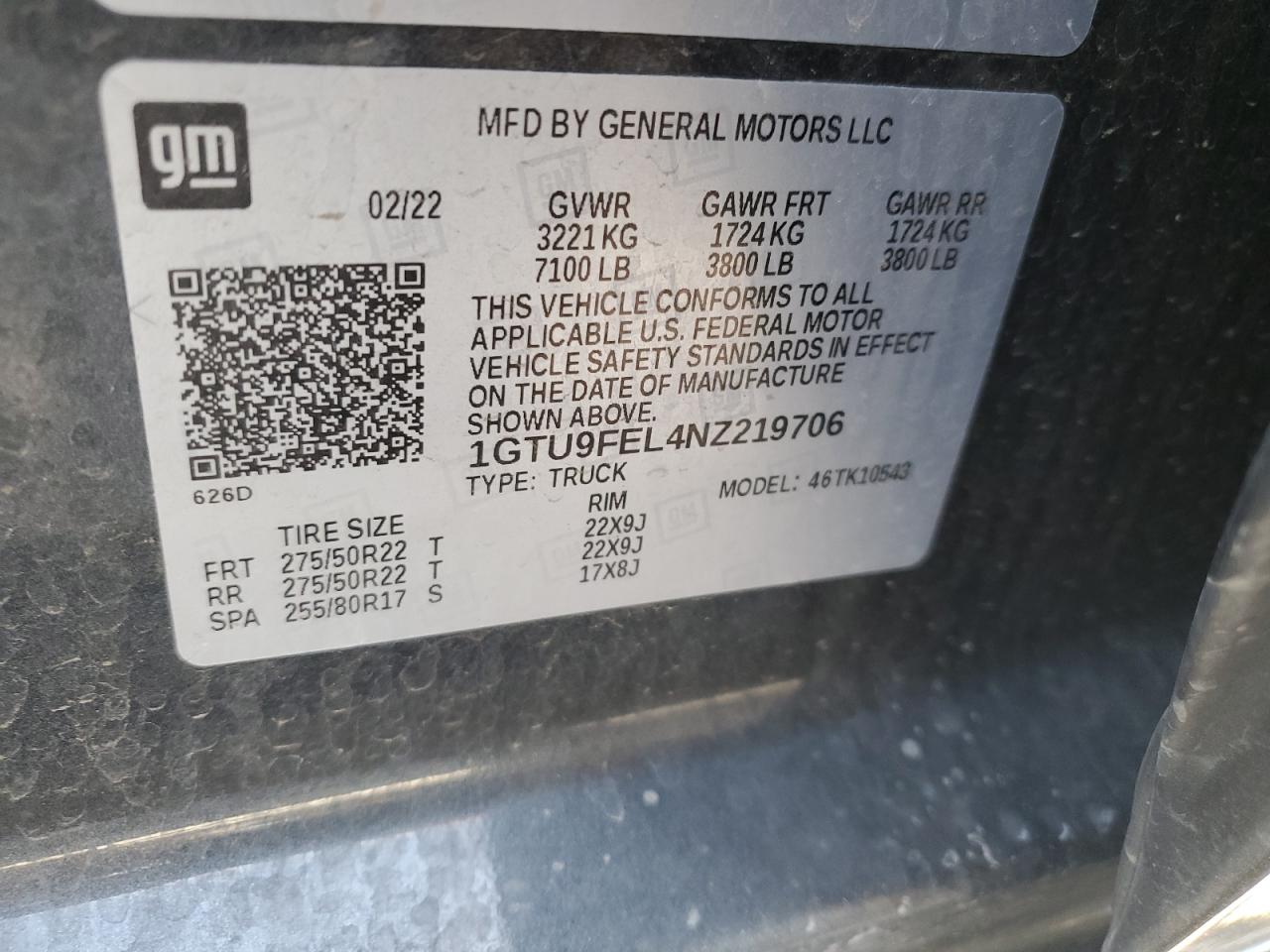 2022 GMC SIERRA LIMITED K1500 DENALI VIN:1GTU9FEL4NZ219706