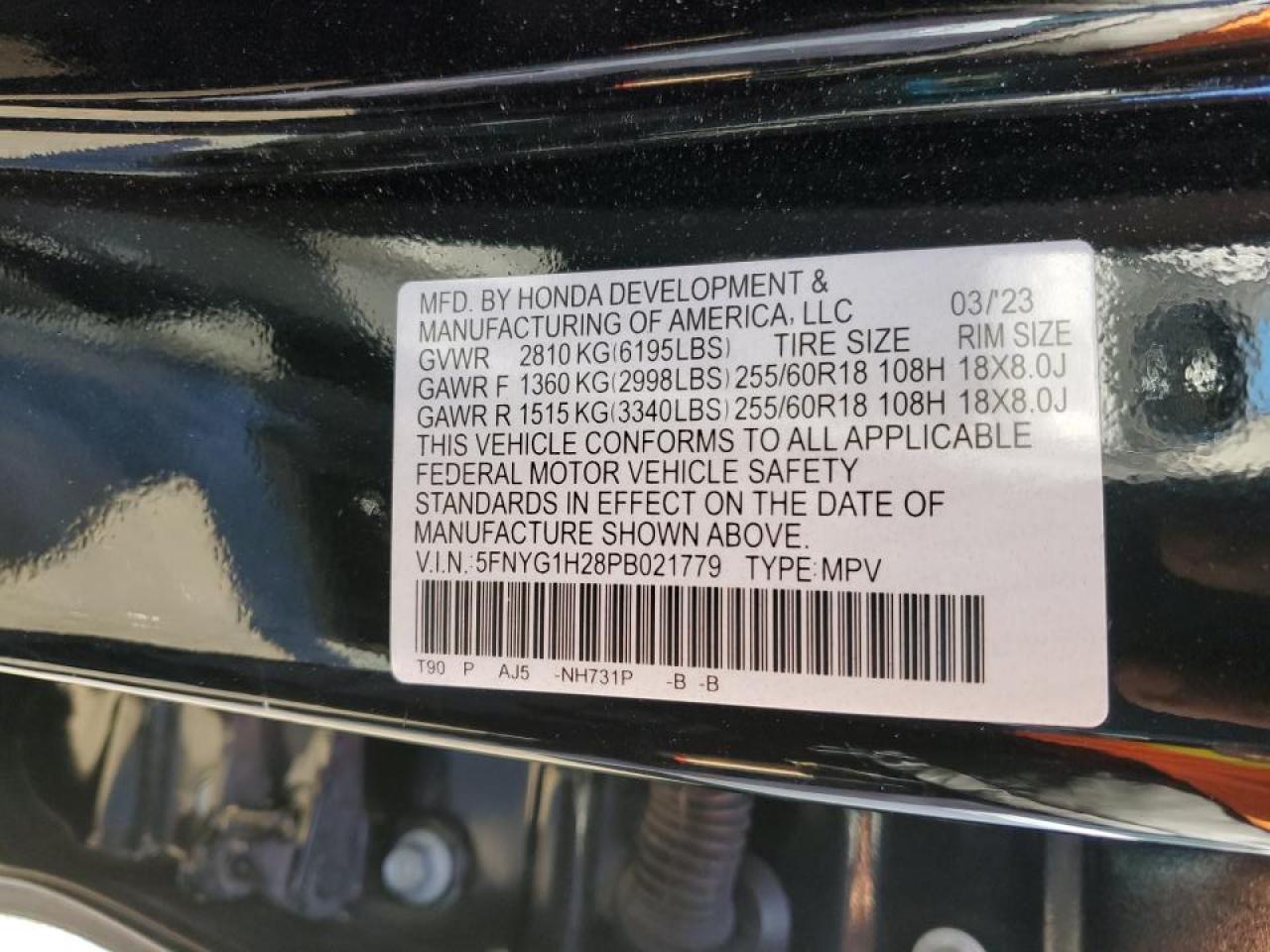 2023 HONDA PILOT LX VIN:5FNYG1H28PB021779