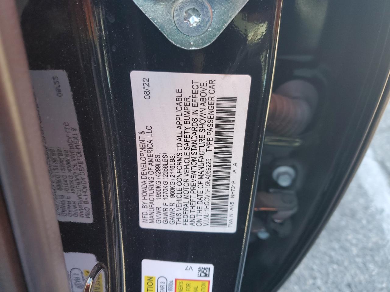 2022 HONDA ACCORD LX VIN:1HGCV1F15NA069225