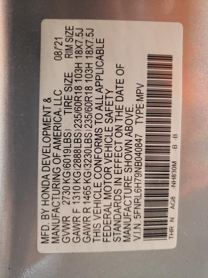 2022 HONDA ODYSSEY EXL VIN:5FNRL6H79NB040847