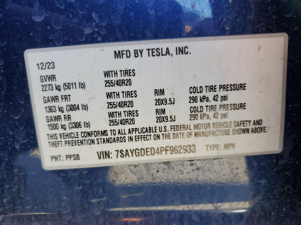 2023 TESLA MODEL Y  VIN:7SAYGDED4PF962933